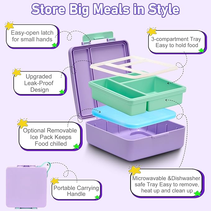 Bento Lunch Box for Kids with 17oz Soup Thermo,Insulated Tumbler Water Bottle and Insulated Lunch Bag,Leak-Proof 3 Compartment Lunch Food Container with with Ice Pack for Kids to School-Purple