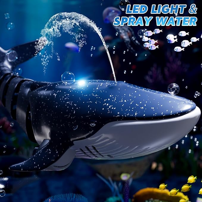 Remote Control Whale Shark Toys for Boys Kids, 1:18 Scale High Simulation Shark for Pool, 2.4Ghz Electric RC Shark Boat Fish Toys with Light & Spray, Toy Shark Gifts for 6 7 8 9 Year olds Kid Boy Girl