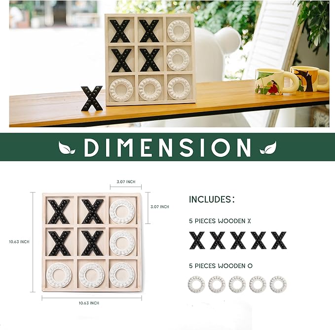 GENMOUS Wooden Tic Tac Toe Game Board for Seniors Family Indoor Game, 10.6 Inch White Rustic Giant Tic Tac Toe Coffee Table Decor, Tic Tac Toe Board Game Fun for Family Travel Outdoor Room Decor