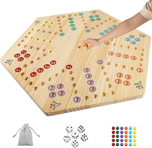 HOROW Wahoo Board Game 23.6 inch Wooden Original Board Game Classic 2 Side Painted Fast Track Game for 4 Player and 6 Player with 30 Marbles,6 Dices for Family Game Night(Extra Large)