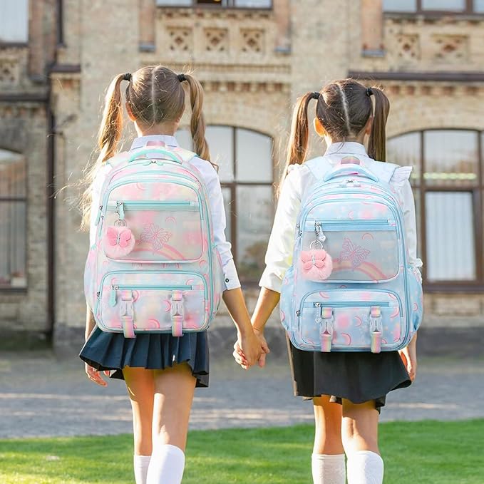 Rainbow Butterfly Backpack Set with Lunch Bag & Pencil Case, Kids' Kindergarten to Middle School Book Bag, Green
