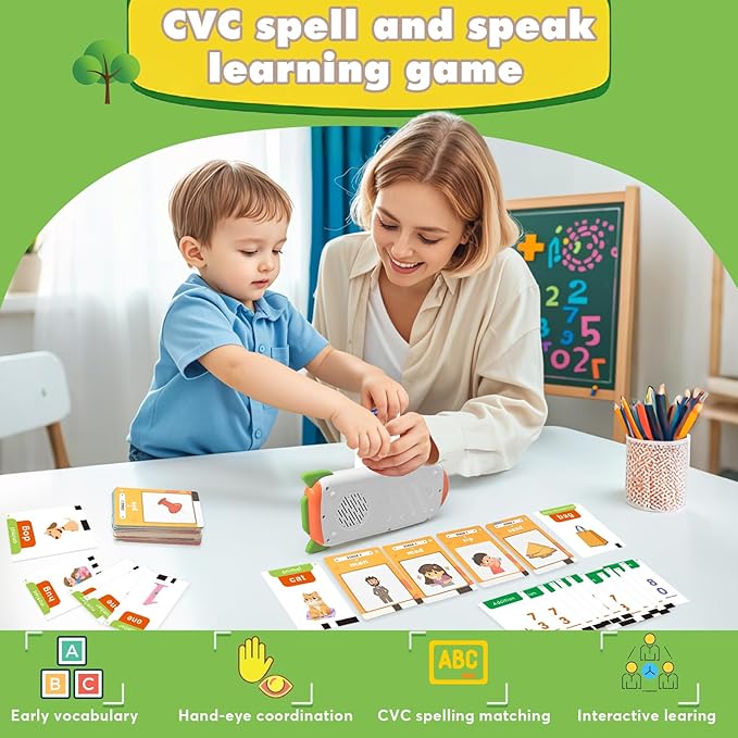 Alphabet Talking Flash Cards & Math Games for Kids 2-8, Speech Therapy Toys, ABC Learning Toys, 56 Math Flashcards & 106 CVC Word Games, Preschool Kindergarten Gifts for Boys & Girls