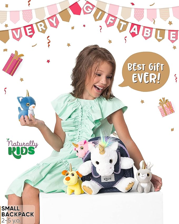 Naturally KIDS Toddler Unicorn Backpack w Plush Unicorn Toys, Gifts for 2-5 Year Old Girls, Toddler Backpack