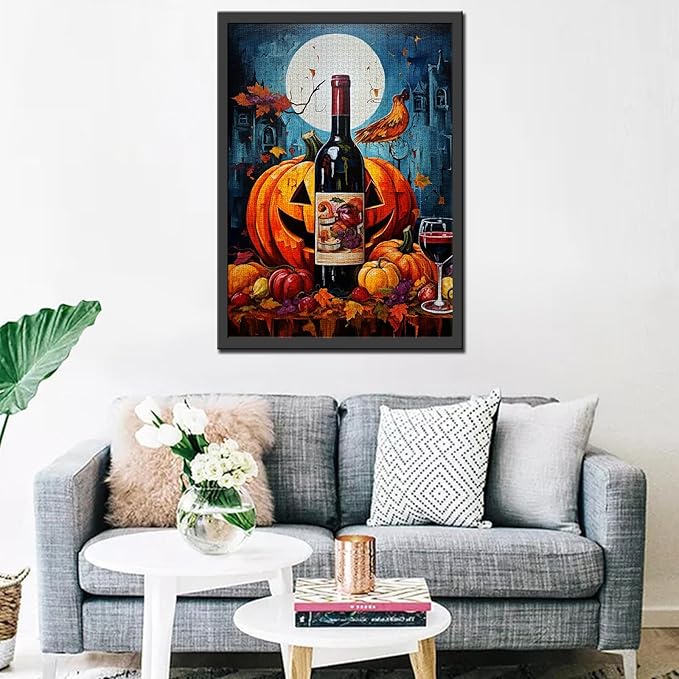 Landscape 1000 Piece Jigsaw Puzzles for Adults Halloween Spooky Night Painting Jigsaw Puzzle Red Wine and Yellow Pumpkin 1000 Pieces Puzzles Game Home Wall Decor DIY Craft Full Moon Puzzle Art(Dark)