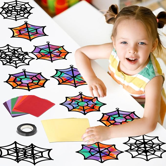 Qyeahkj 36 Set Halloween Spider Web Suncatchers Crafts Kids DIY Hanging Spider Web Tissue Paper Crafts Kit Window Art Ornaments Decor for Halloween School Home Activity Art Project Party Favor Gift