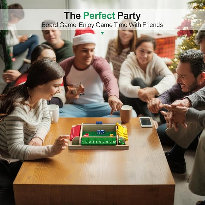 Shut The Box Game Wooden with Dice, 2-4 Player Math Strategy Game for Adults Kids - Close The Box Board Number Learning Activity, Family Travel Pub Games