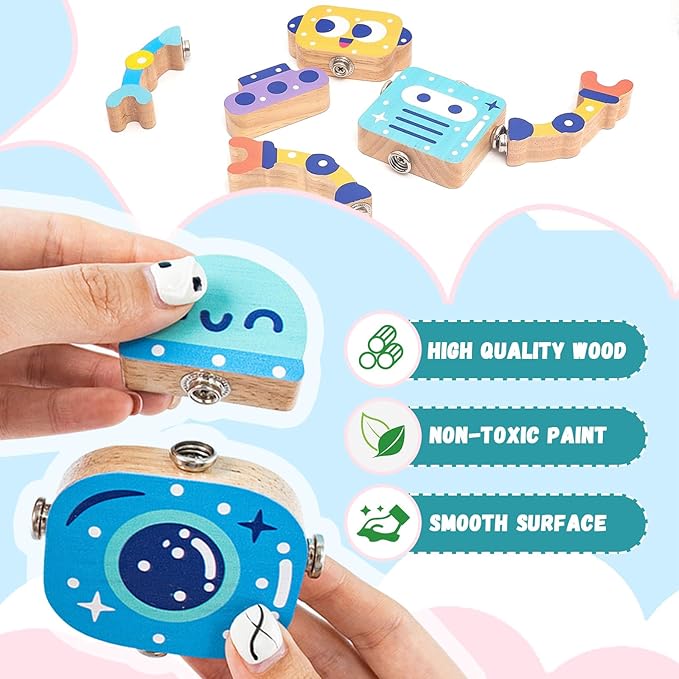 Wooden Robot Snap-Together Building Blocks, STEM Take Apart Toys Playset for Toddlers 3 4 5 6, 28 Psc Montessori Educational Fine Motor Skills Toys for Boys & Girls Birthday Gift