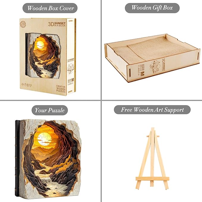 Wooden Puzzles for Adults, Fathers 3D Vision Effect Sunset Book Wooden Jigsaw Puzzle Unique Shape Wood Puzzle Adult, Challenge Flat Puzzle Birthday Family Game (M-11.4 * 9.5in-200pcs)