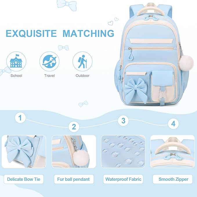 Backpack for Girls, 3PCS Girls Backpack for School with Lunch Bag Pencil Case, Cute Kids Teens Bookbag for Kindergarten Elementary Preschool Middle School (Blue)