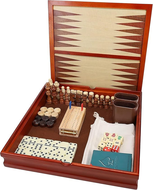 WE Games 7-in-1 Wooden Combo Game Set - Chess, Checkers, Backgammon, Dominoes, Cribbage, Dice & Cards, Walnut Wood 12 inch Combination Board Game Set for Adults