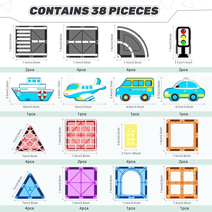 Magnetic Tiles Road Set, Magnetic Building Blocks for Toddlers, STEM Construction Toys for Kids Ages 3+, Gifts Toys for Boys & Girls - 38 PCS