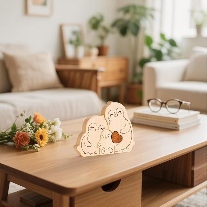 Wooden Penguin Family Puzzle Games, Personalized 3 Name Puzzle for Home Crafts Decor, House Warming Birthday Party Gifts for Mom Dad Grandma Kids New Baby, Wooden Penguin Family
