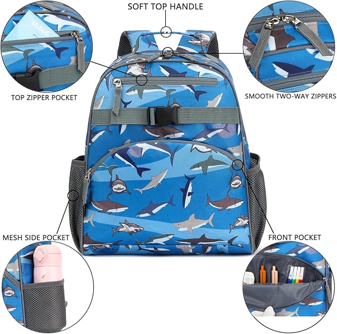 FlowFly Kids Backpack for Toddler Boys Girls, Simple Lightweight Bookbag for Daycare Kindergarten Elementary School Travel, Small Modern Bag (Medium 15''), Shark