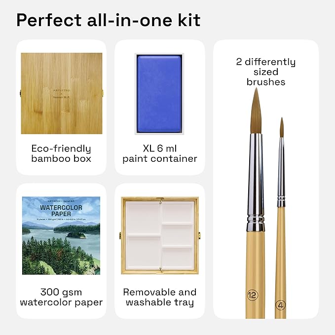 ARTISTRO x HANNAH M.P Professional Watercolor Paint Set Limited Edition with 24 colors in Bamboo Wooden Box (6ml XL Pans) - 2 Brushes, Watercolor Paper, Mixing Tray - Watercolor Set for Professionals made by professionals