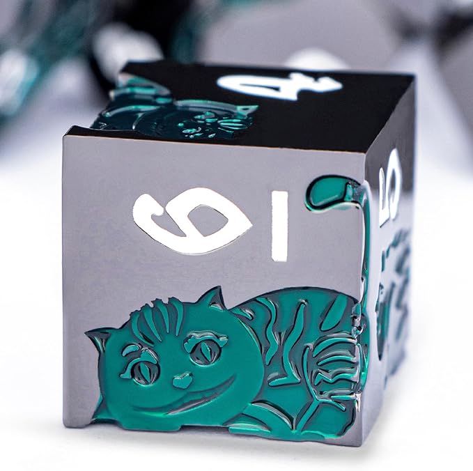 Metal DND Cat Dice 7PCS Polyhedral RPG Dice Set with Gift Case for Dungeons Dragons Role Playing Game, D and D Dice D6 D8 D10 D12 D20 D% (Green Black)