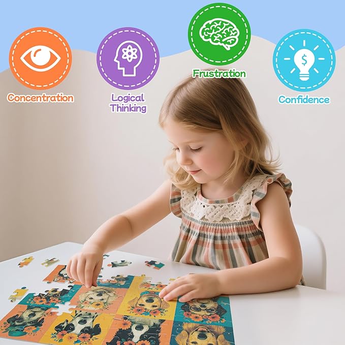 100-Piece Cute Dog Puzzle for Kids Ages 4-6 6-8 8-10, Adorable Cartoon Puppies with Flower Crowns, Hats & Glasses โ Educational Jigsaw Puzzle Toys for Girls & Boys Gift