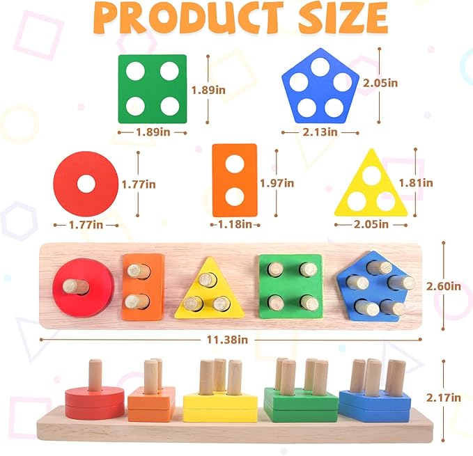 Montessori Toys for 1 2 3 Year Old - Wooden Baby Stacking Toys Sensory Educational Shape Sorter Color Sorting Toy for Toddlers 1-3, Birthday Gifts for Girls Boys Kids