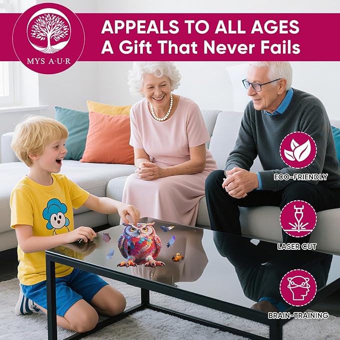 Wooden Puzzles for Adults, Neon Owl Jigsaw Puzzle 200pcs, 8.2x12.5in, Unique Shape Wood Puzzles Adult, Creative Gift for Kids Family Game