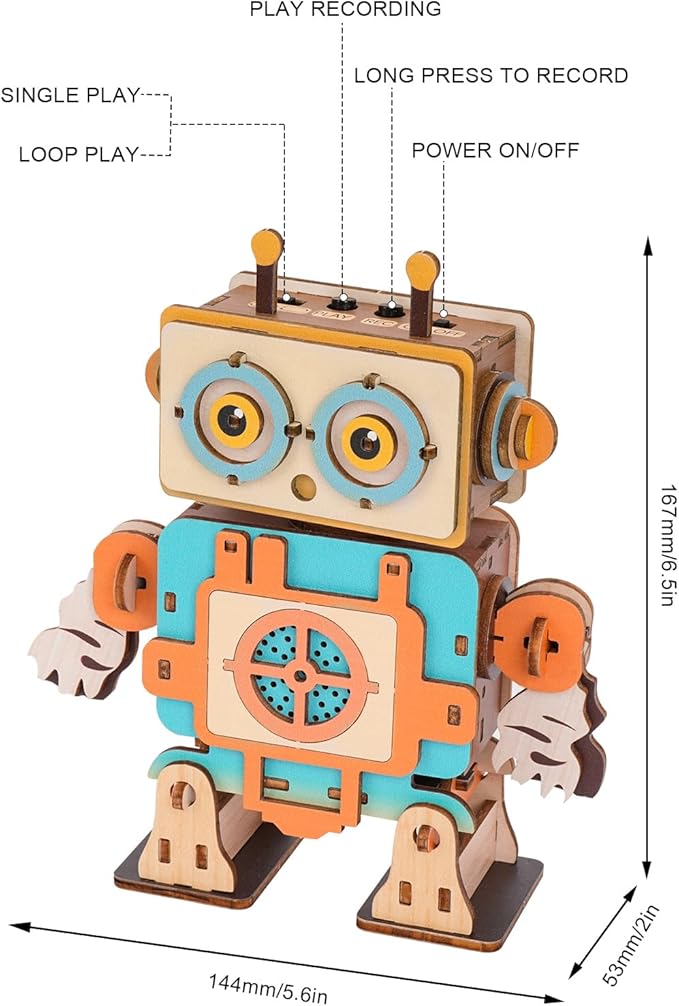 Kosmickiss 3D STEM Wooden Puzzles for Kids, 3D Wooden Models with Voice Recorder, Science STEM Building Kit Creative Craft Toys for Boys Girls Age 8-13 Years Education Birthday Gifts (Grunt Robot)