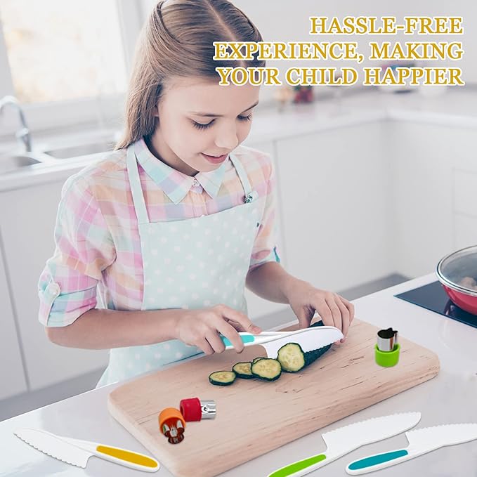 RISICULIS Wooden Kids Cooking Sets Real, Kids Knife Set Include Wood Kids Safe Knife, Serrated Edges Plastic Toddler Knife, Sandwich Cutter, Toddler Kitchen Kids Cooking Gifts for Kids