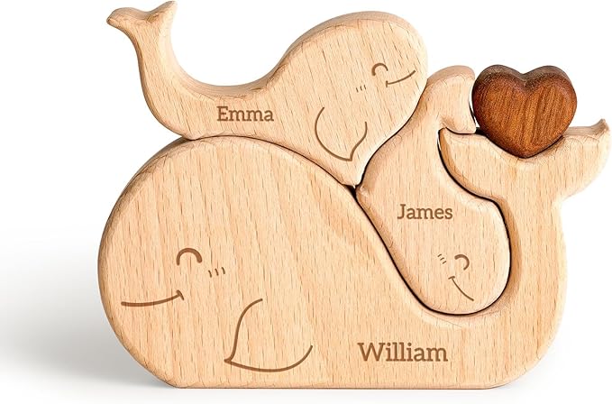 Wooden Whales Family Puzzle, Personalized Puzzles with 2-5 Names, Mothers Day Birthday for Women Men, Customized Home Decor Housewarming Gifts for Parents Couple