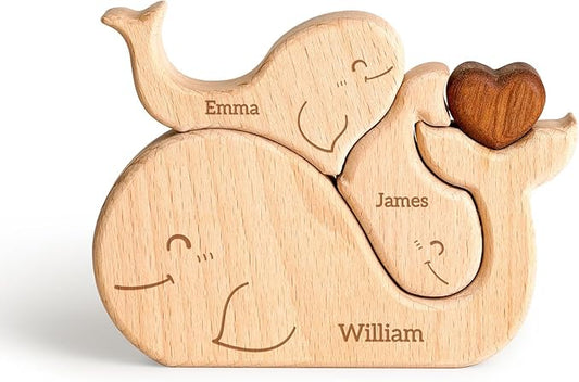Wooden Whales Family Puzzle, Personalized Puzzles with 2-5 Names, Mothers Day Birthday for Women Men, Customized Home Decor Housewarming Gifts for Parents Couple