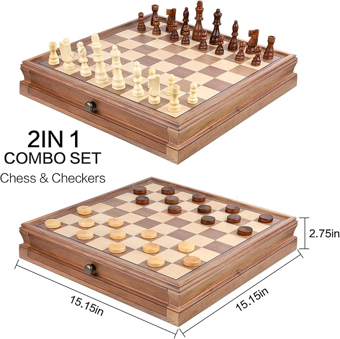 REEIVER 15" Wooden Chess Sets with Built-in Storage Drawer, 2 in 1 Chess& Checkers Board Games for Adults and Kids