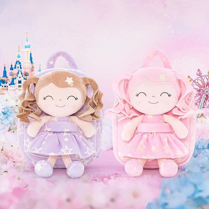 Gloveleya 3.5L Curly Hair Plush Figures Dress Backpack - Purple Star, 9 inches, 3.5 liters