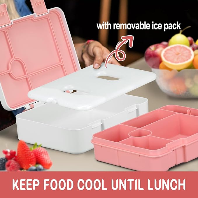 Kids Bento Lunch Box with Ice Pack, 5 Compartments Leak-Proof Bento Box with Utensils, 5.5-Cup Capacity for Adults & Ages 8+, BPA Free, Microwave & Dishwasher Safe, Pink