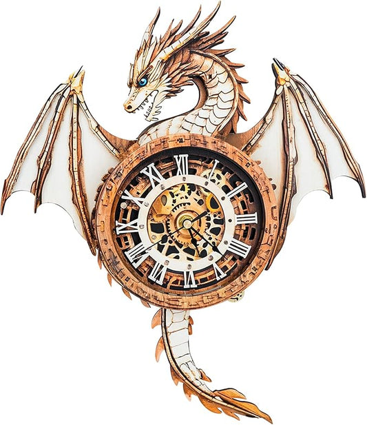 KAAYEE 3D Puzzle for Adult, Wooden Dragon Pendulum Clock Mechanical Model Kit, 32 PCS DIY Vintage Wall Clock Building Kit, Creative Craft Gift for Birthday Home Decor (Battery Not Included)