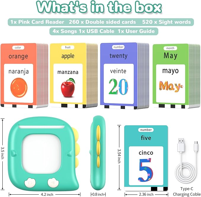 Kidzdo Talking Flashcards for Toddlers, 520 Bilingual Spanish English Sight Words Educational Learning Toy, Birthday Xmas Gift for Kids 2 3 4 5 6, Pocket Speech Therapy Toys for Autism Children