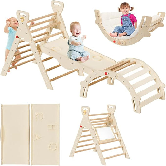 Pikler Triangle Set 7-in-1 Foldable Montessori Wooden Climbing Toys for Toddlers 1-5 Years Indoor Jungle Gym with Slide, Arch Ladder & Ramp Solid Wood Baby Activity Climber