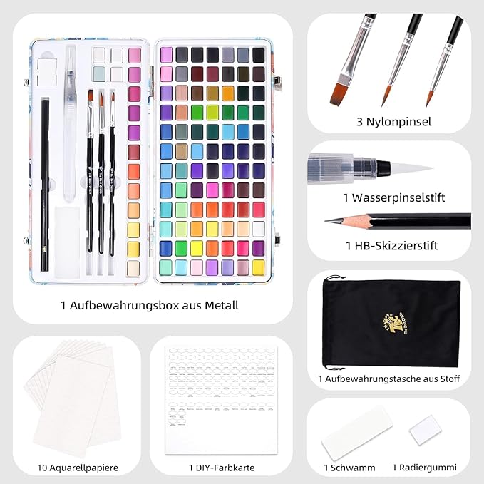 TBC The Best Crafts 100 Colors Watercolor Paint Set For Kids, Students and Artists, Amateur,Beginner.Set includes Coloring Sheets, Black Dual Tip Acrylic Paint Markers, Storage Bag