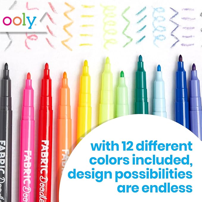 Ooly Permanent Fabric Markers Set of 12, Fabric Doodlers are for Drawing on Denim Jackets, Light T-Shirts, Book Bags, Backpacks and More, Great Kids Activty - Back to School Supplies