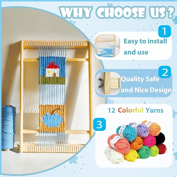 Sawvolker Weaving Loom Kit, Wooden Weaving Kit Multi-Craft Weaving Loom Tapestry Loom Large Frame 9.85x15.5 inch, DIY Hand-Knitting Looms Set with 12 Colors Acrylic Yarn for Kids, Adult and Beginners