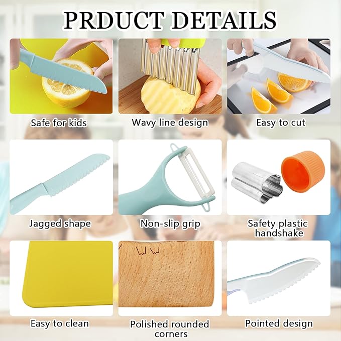 11 Pieces Wooden Kids Kitchen Knife, Blue Kids Knife Set Include Wood Kids Knife, Serrated Edges Plastic Toddler Knife, Crinkle Cutter, Sandwich Cutter, Y Peeler, Cutting Board