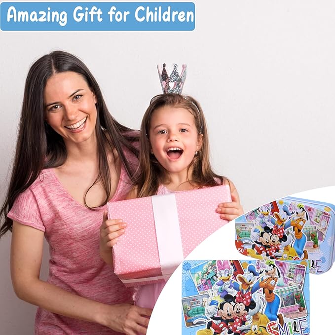 Minnie Mickey Puzzles for Kids Ages 3-8 - 60 Piece Jigsaw Puzzles for Girls & Boys - Educational Toys in a Metal Box