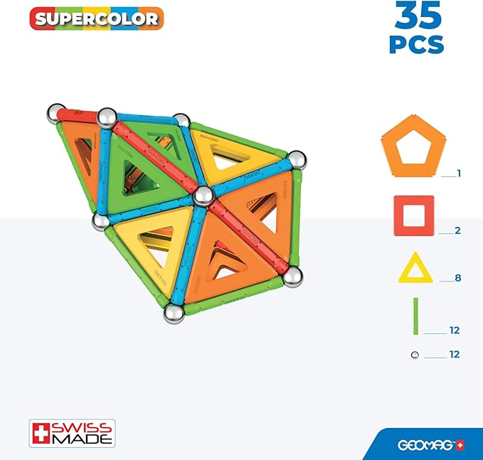 Geomag Supercolor Magnetic Toys for Kids Ages 5+, 35pc Educational STEM Magnets for Kids - Swiss-Made Magnetic Blocks, Tiles and Building Toys from 100% Recycled Plastic
