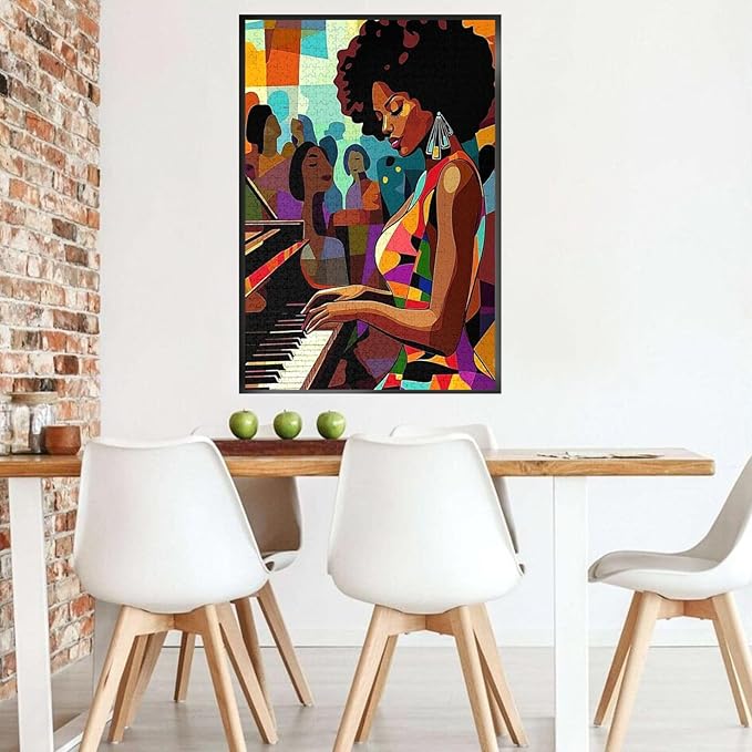 African Women Black Girl Jigsaw Puzzles 1000 Pieces for Adults, African American Puzzles for Adults (Piano,Girl,Female) Pieces Musical Performance Frameable Magic Puzzle Art(Brown)