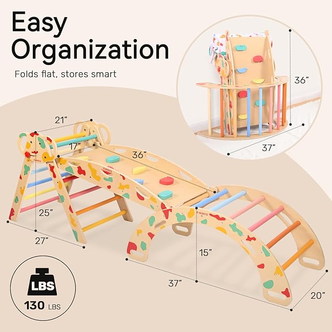 wingyz Pikler Triangle Climbing Set with Cushion,Wooden 8 in 1 Jungle Gyms for Toddlers 1-3, Indoor Playground for Kids,Baby Montessori Climber Gift(Rainbow)