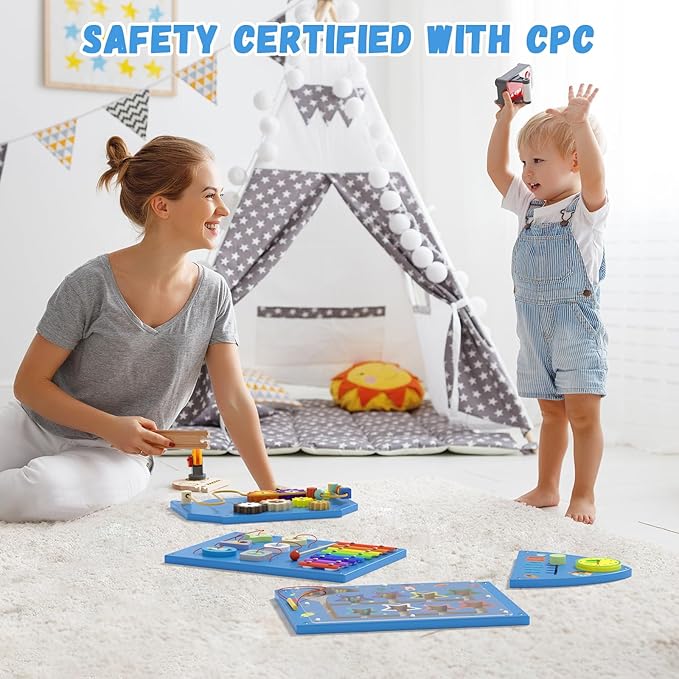 Montessori Busy Board - Blue Rocket Activity Wall Panels, Wall Toys for Toddlers 3+, Sensory Panels for Kids, Wooden Activity Cubes, Playroom Daycare Toys, Toddler Sensory Board (4PCS)