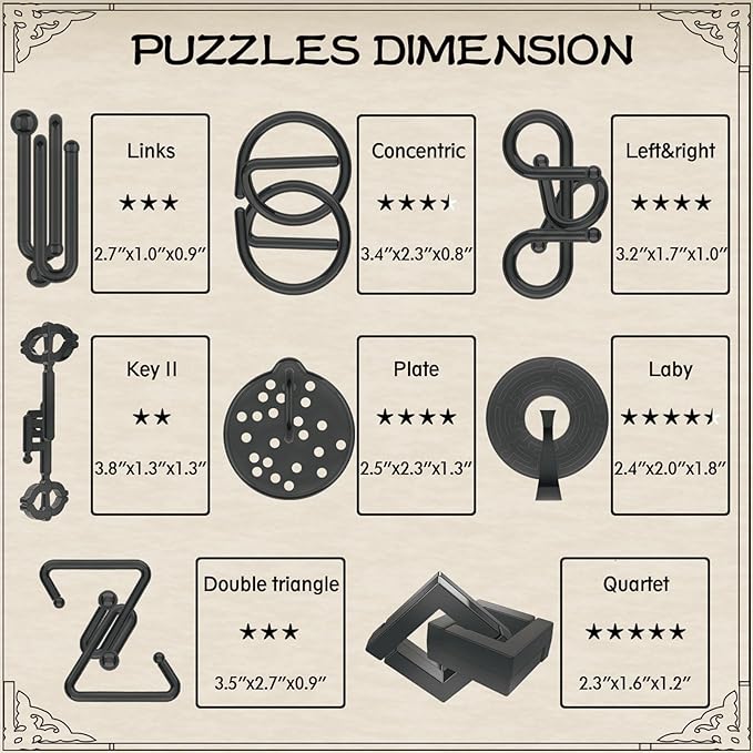 8-Piece 3D Metal Puzzle Box & IQ Test Kit | Brain Challenge w/Wooden Case | Enhance Focus & Hand-Eye Coordination | Sleek Black Geometric Puzzle for Adults & Teens
