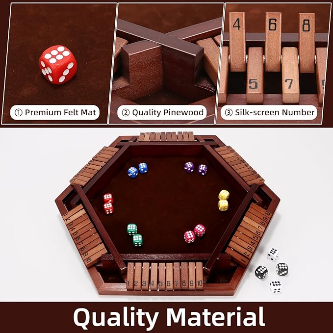 Shut The Box Game Wooden Board 6-Way with Carry Bags and 16 Dice, Portable Close The Box Game for 1-6 Players, Math Educational for Kids, Adults (Instruction Included)