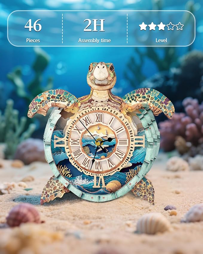 Rnfinewow 3D Puzzles for Adults, 3D Puzzle Sea Turtle Clock Kit (with Pendulum), Wooden Puzzles for Adults Home Wall Decor Clock Christmas Day Puzzle Gifts for Women Men