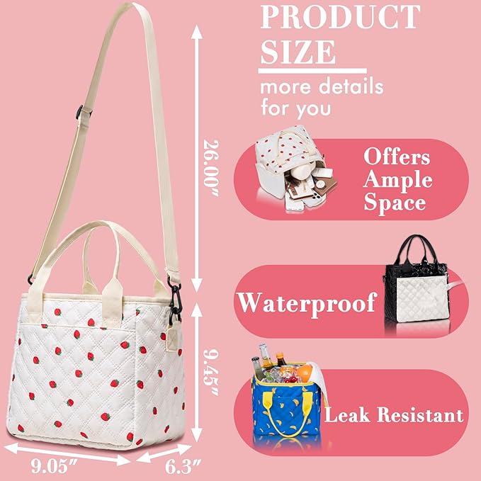 Cute Stylish Small Insulated Lunch Bag for Women Men Kids, Ultrasonic SoftTouch LunchBox for School, Office, Picnic, Durable Lunch Tote with Adjustable Strap & Dual Zippers, Cream&Coffee