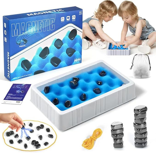 Magnetic Chess Game Set,Magnetic Stones Chess with String and Sponge Chessboard ,Strategy Puzzle Game with Rocks, Family Game Party Game for Kids and Adults