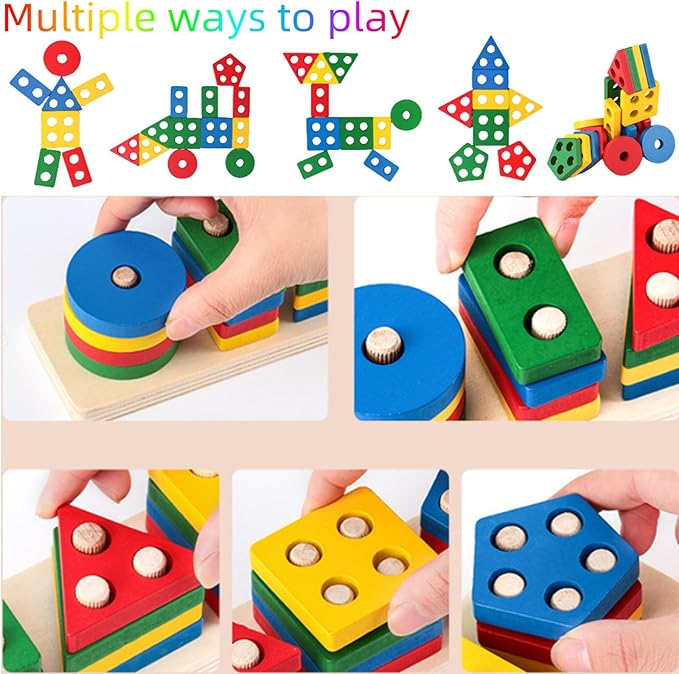 Shape Puzzles Wooden Color Sorting Toys for Toddlers 1 2 3 4 Year Old Matching Shape Sorters Toy Wooden Blocks Learning Educational Toys for Boys Girls Classroom Birthday Easter Gifts
