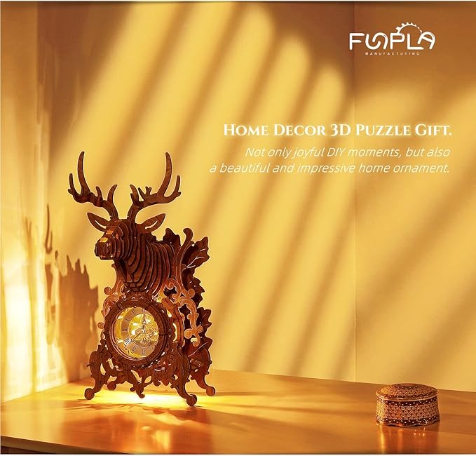 LED 3D Wood Puzzle Deer Clock, 3D Wooden Puzzle Elk Clock Building Model, Home Décor 3D Wooden Puzzle for Adults/Teens Christmas Gift(Wood, Yellow Light)