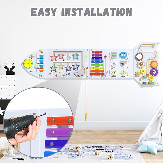 Rocket Activity Wall Busy Board Panels - Sensory Wall Panel for Kids, Montessori Toddler Wall Activity Board, Wall Toys for Toddlers 3, Activity Cube, Wooden Boards, White Grey(4PCS)