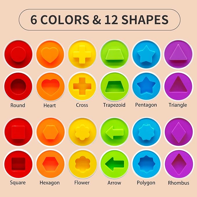 MOONTOY Matching Eggs for Toddlers, 12PCS Preschool Educational Learning Color & Shape Recognition STEM Toy– Montessori Geometric Eggs – Sorting Fine Motor Skills, Easter Gifts Basket Stuffers